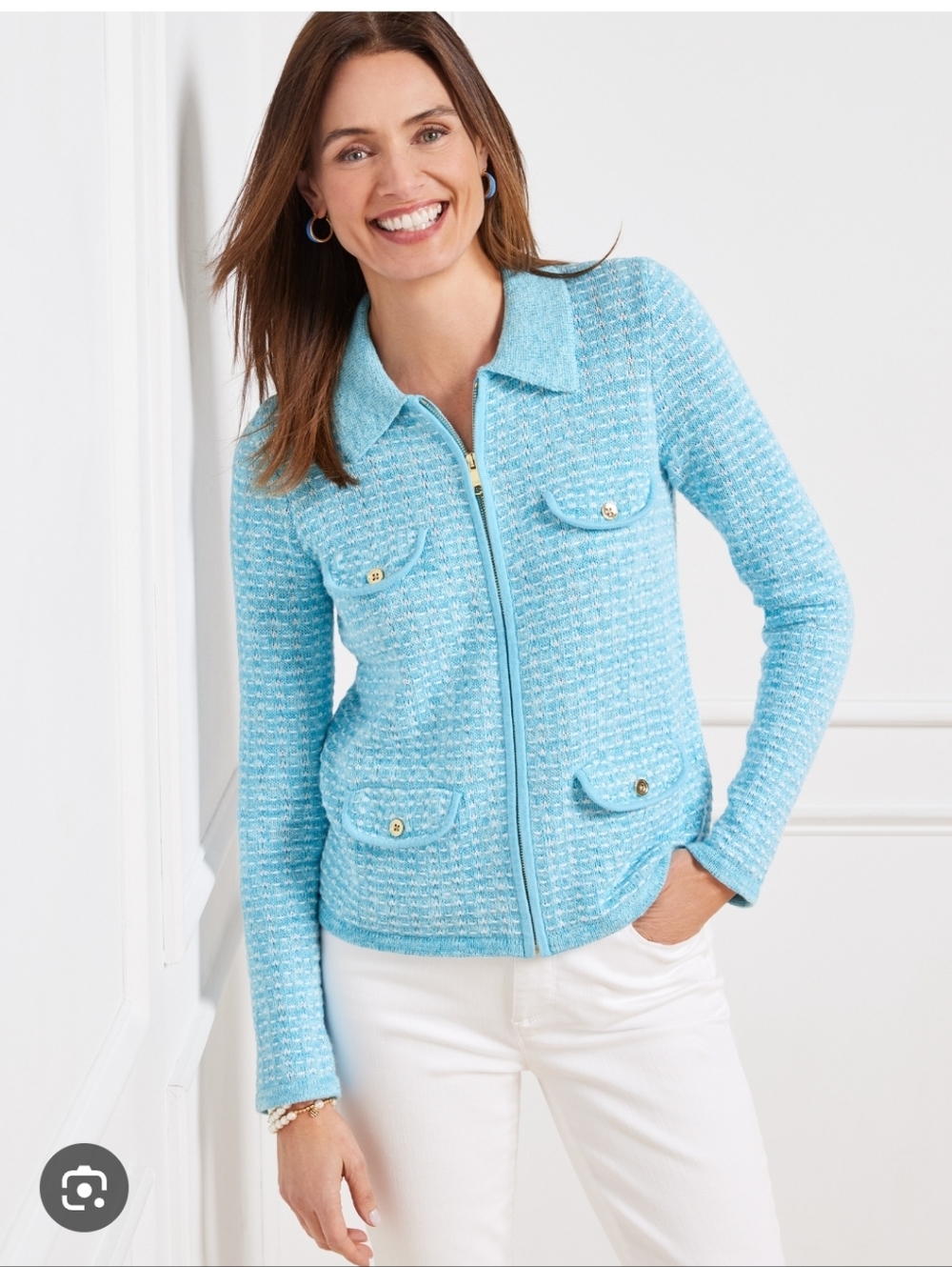 Talbots Collared Dash Stripe Light Blue Tweed Zip Lady Jacket Size XLP